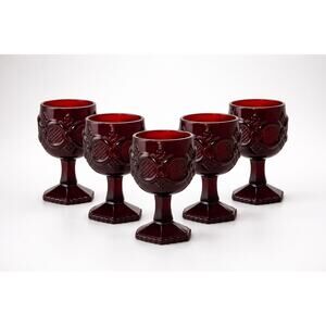 Avon Cape Cod Ruby Red Goblets Set 5 Vintage 4" Stem Wine Glasses
